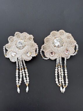 White Fabric Pearl Crystal Lace Floral Large White Dangle Statement Clip Earring